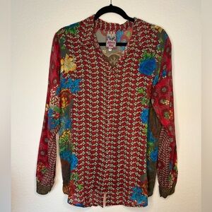 Johnny Was Floral Patterned Blouse Button Up - Red and Blue